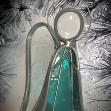 Stained Glass Angel Figurine Leaded Christmas Clear Blue Etched Suncatcher VTG