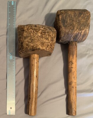 Vintage American Burl Wood Club Antique Rare Artifact Hammer Mallet Lot Of 2