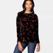 J. Jill Floral Velvet A-Line Knit Long Sleeve Blouse Stretch Pullower Top Small