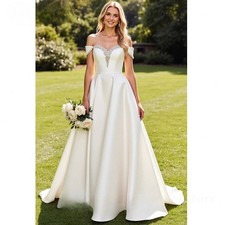 A-Line Rhinestones Off The Shoulder Satin Long Bridal Dress Customized