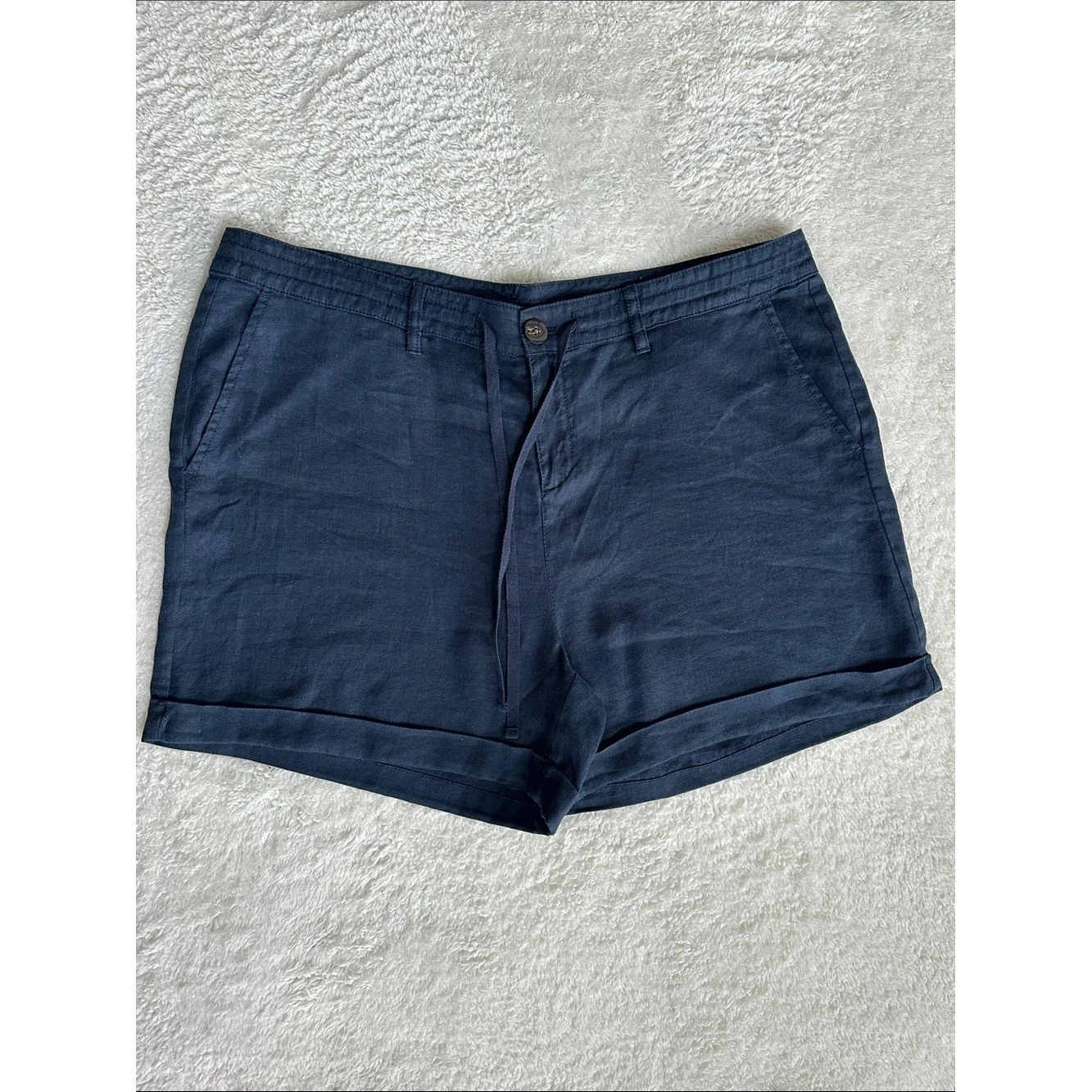 100% Linen Navy Blue Shorts Lightweight Breathable Women XL Coastal Nautical