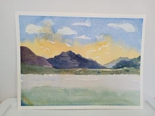 Landscape Watercolor Original Painting blue green yellow mountains Unframed