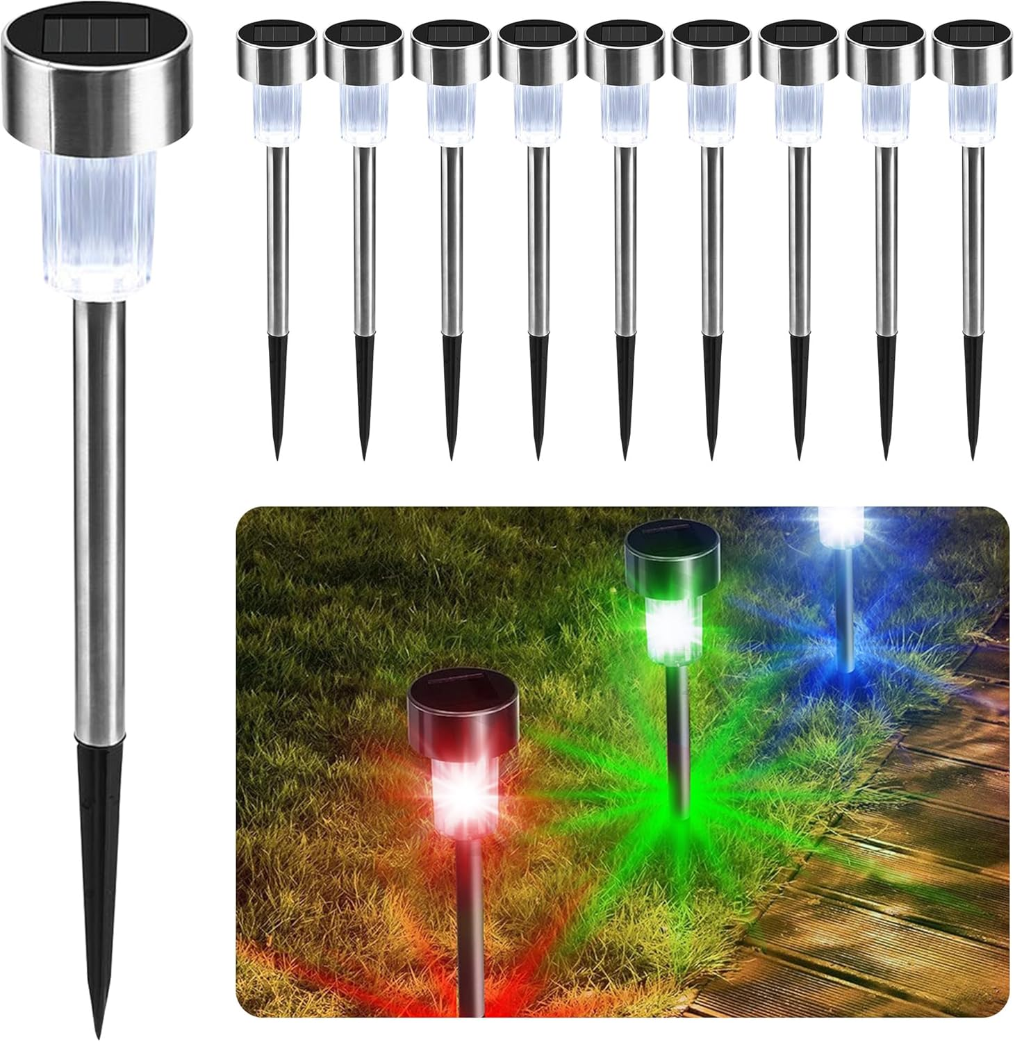 Solar Garden Stake Lights – 10 Pack Colour-Changing LED, Weatherproof Stainless