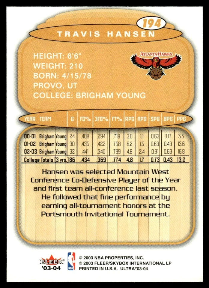 2003-04 Ultra Travis Hansen Rookie Atlanta Hawks #194 - Image 2 of 2
