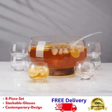 Mikasa Glenwood 8-Piece Glass Punch Bowl Set Elegant Lead-Free Crystal Design