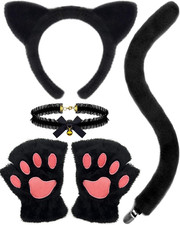 Black Cat Costume Accessories - Cat Ears Headband Tail Paws Gloves Choker Fluffy