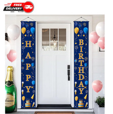 12x71 Happy Birthday Door Banner Gold Blue Vertical Hanging Party Sign