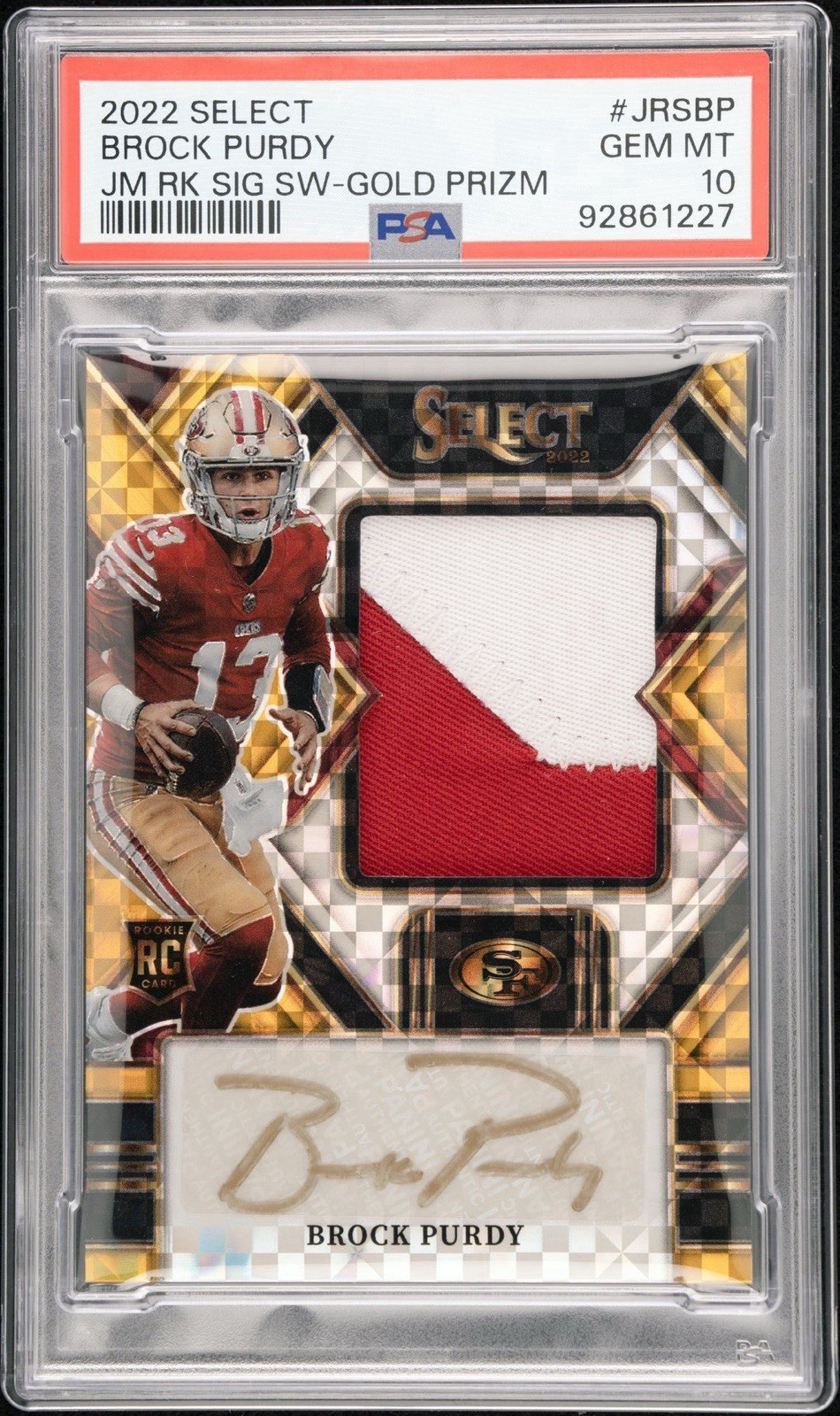 2022 Select Brock Purdy Jumbo Patch Auto Rookie GOLD 2/10 RPA  RC PSA 10 POP 1