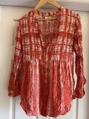 Maeve Button Down Tunic Women Size 2 Red White Abstract Grid Roll Tab Sleeve