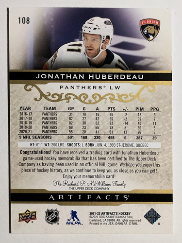 2021-22 Artifacts Materials Gold #108 Jonathan Huberdeau - Picture 2 of 2