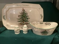 SPODE 3 Piece Set, Including S&P Shakers, Serving Platter & Pierced Bread Basket