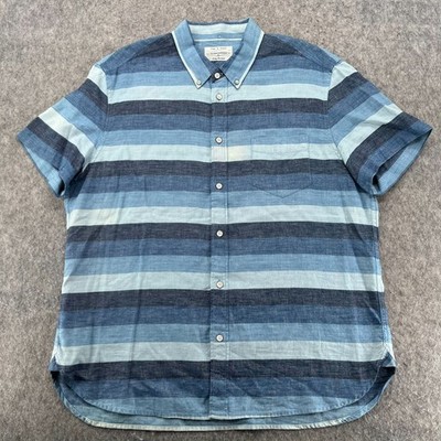 Rag & Bone Shirt Mens XL Blue Colorblock Cotton Linen Short Sleeve