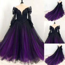 Gothic Black and Purple Wedding Dresses V Neck A-line Bridal Gowns Custom Made