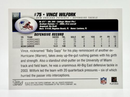 2004 Topps #327 Vince Wilfork RC New England Patriots - Picture 2 of 2