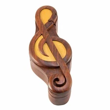 Treble Clef Music Note - Hand Crafted Carved Wood Puzzle Jewelry Trinket Box New