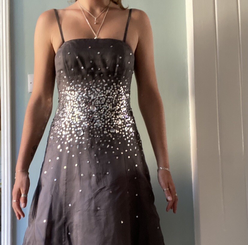 Vintage Monsoon Grey Sequin Midi Dress, Size 12