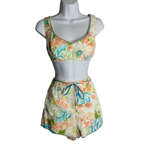 Vintage 60s Ceeb of Miami Swim Play Suit S White Floral 2 pc Padded Deadstock