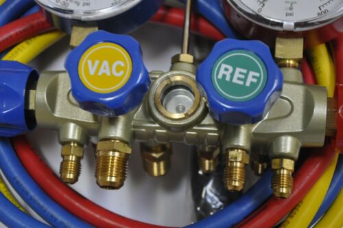 Manifold Gauge 4Way Hose Set R410a R22+AC HVAC Charge Test Recovery Service Tool - Afbeelding 1 van 8