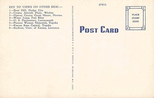 Postal KS: Saludos desde Kansas, Mapa, Multivew, Lino Vintage Años 40 - Imagen 2 de 2