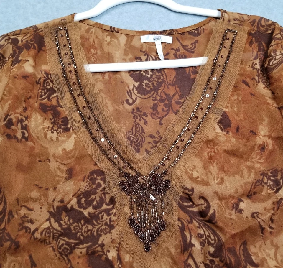 Blusa túnica Metro7 para mujer 16W Plus marrón floral cachemira manga larga fluida Foto 3 de 4