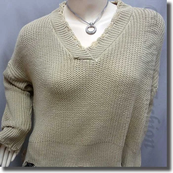 Elegante Top Suéter Acanalado Tejido Grunge Triturado Cuadrado con Rasgaduras Caqui Beige M Foto 2 de 4