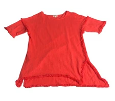 Umgee Top Womens M Strawberry Coral Tunic Frayed Sleeves Hi Lo Boho Lagenlook
