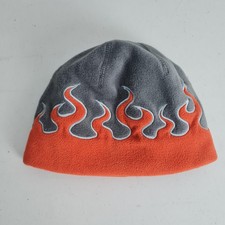 LL Bean Beanie Boys Medium Gray Orange Fleece Flame Print Winter Hat Embroidered