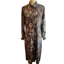 Vintage Floral Paisley Maxi Shirt Dress Long Sleeve Button Front Blue Burgundy