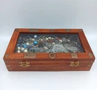 Vintage Costume Jewelry Lot with Wood Brass Glass Top Trinket Box