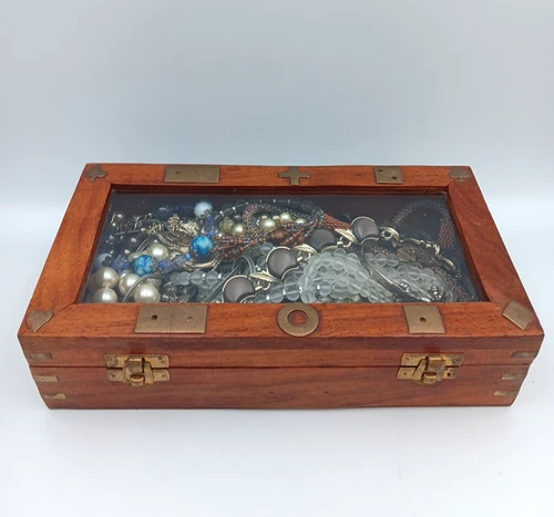Vintage Costume Jewelry Lot with Wood Brass Glass Top Trinket Box