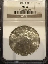 1934-D Peace Silver Dollar MS62, NGC (11724)