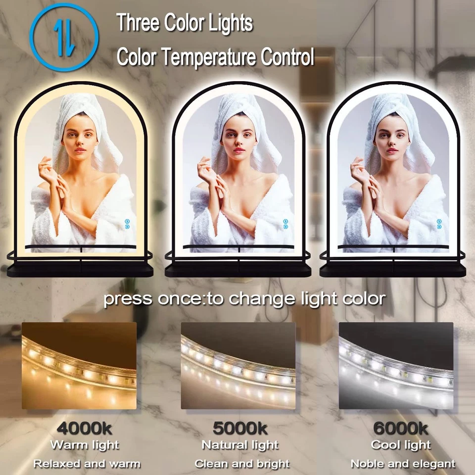 Espejo LED de baño de arco negro de 20 x 30 pulgadas con estante de almacenamiento 3 colores arqueado... Foto 4 de 4