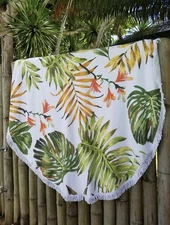 Round Tropical Beach Picnic Blanket Textile / Prim Botanicals / 60” Diameter