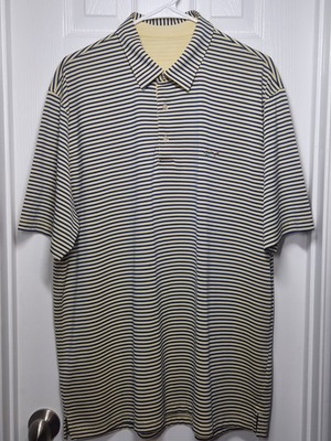 #ad Greg Norman Polo Shirt Mens Medium XL Yellow Blue Striped Shark Logo Casual Golf $9.99