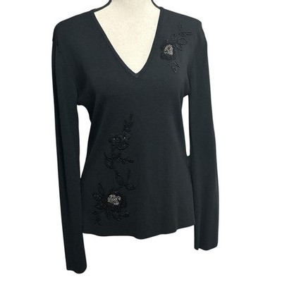 Finity Studio Embellished Knit Top Sz L Black Long Sleeve V-Neck Quiet Luxury