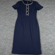 Allegra K XS Navy Blue Dress Tweed Trim Sheath Pencil Business Casual Office