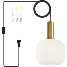 Mid Century Modern Plug in Hanging Light Milk Glass Pendant Light White and G...