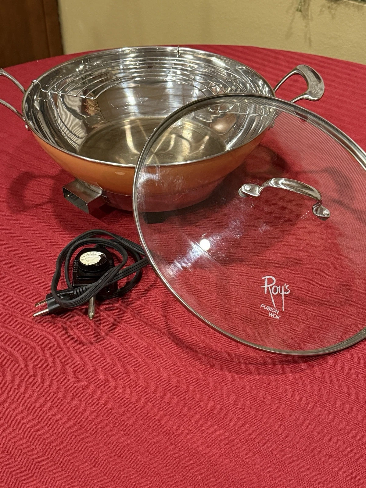 Roy's Fusion Wok Electric Skillet 14" Stainless Steel Orange Model RWEW1 Used