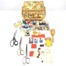 Lot Wicker Sewing Basket w/ Contents Scissors Needles Thimbles Buttons Vintage