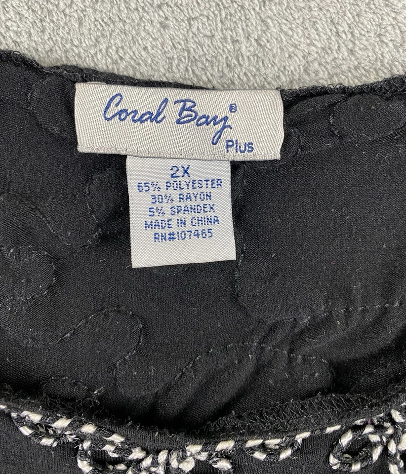 Blusa para mujer Coral Bay Plus 2XL negra blanca bordada dobladillo asimétrico C26 Foto 3 de 4