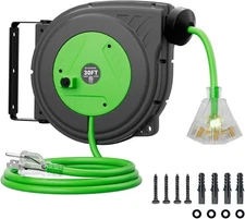 30FT Retractable Extension Cord Reel, 16AWG/3C SJTOW Heavy Duty Power Cord Reel 
