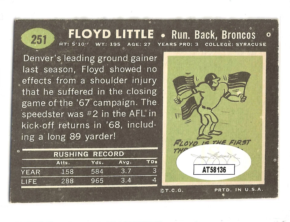 FLOYD LITTLE  JSA AUTH SIGNED 1969 TOPPS CARD HOF AUTOGRAPH DENVER BRONCOS - Image 2 of 3