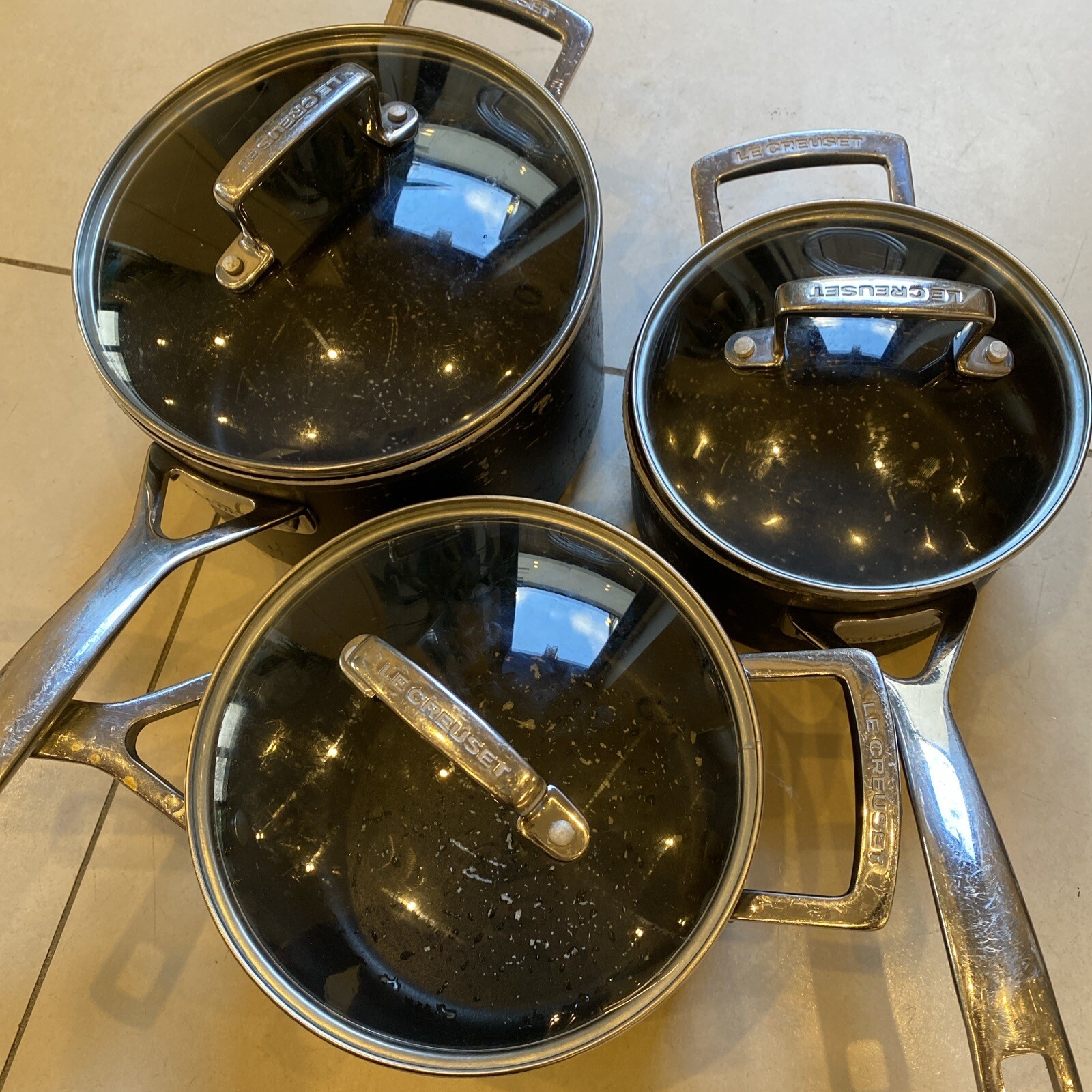 3x LE CREUSET Stainless Steel INDUCTION, GAS & ELECTRIC Lidded Pan Set