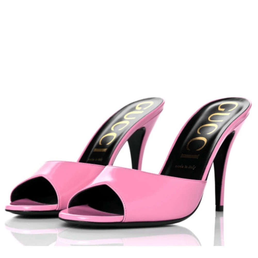 Gucci Polished Calfskin Scarlet Mid Heel Slide Sandals 39 Pink