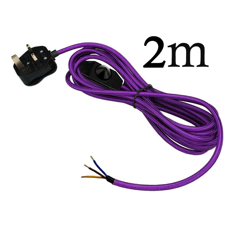 Styles 8 Colours 3Pin UK Plug with Switch 3 Core Braided Fabric Cable Vintage 2M - Image 4 of 4