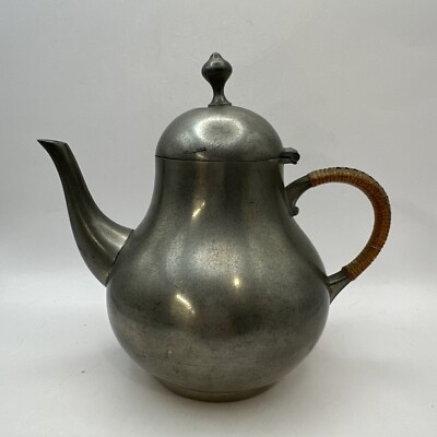 Royal Holland Pewter Teapot KMD Pear Shaped Hinged 7'' Vintage Woven Handle