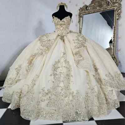 Light Champagne Quinceanera Dresses Off ShoulderTulle Ball Gown Birthday Sweet16