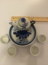 Blue White Miniature Tea Set 7 Piece Teapot,Lid, Cups,Plate Christmas Tea Party
