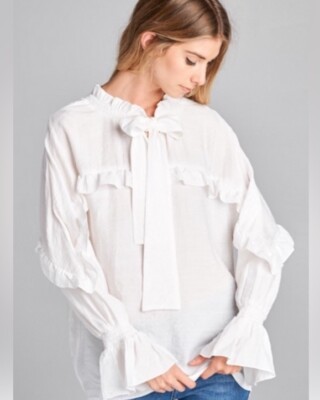 Ellison Women s White Ruffled Tie Top Blouse Large Bohemian Poet Romantic NEW! 