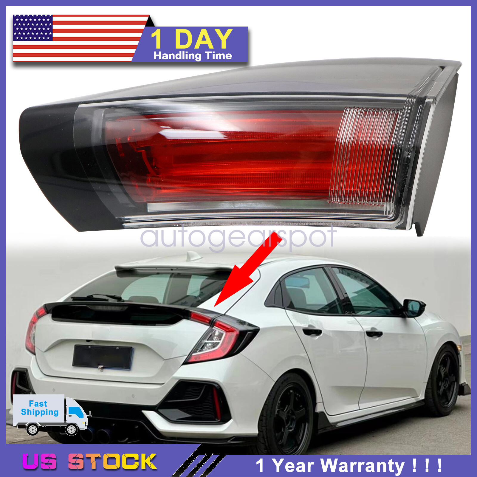 Fits 2017-21 Honda Civic Hatchback Right Side Tail Light Inner Halogen Assembly